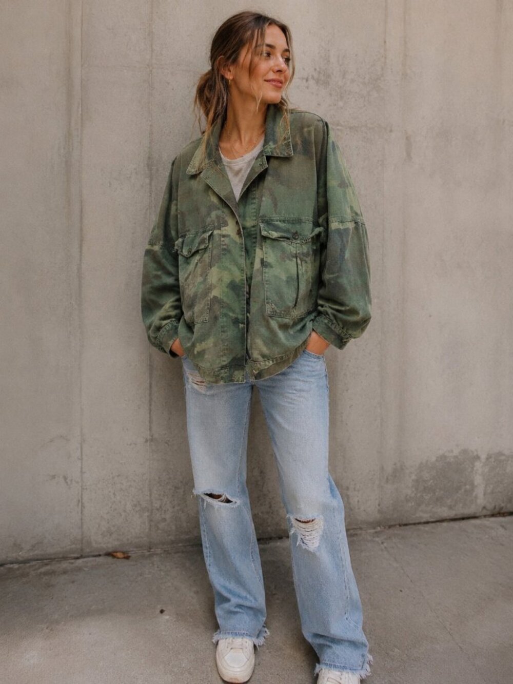 Free People Slouchy Military Jacket Camo Army Oversized Dolman Sleeve OB673431 L